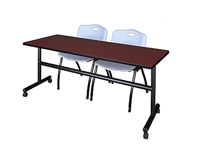 Regency Kobe 72 Flip Top Mobile Training Table Mahogany and 2 M Stack Chairs Grey MKFT7224MH47GY