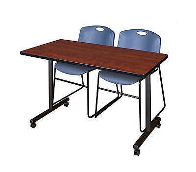 Regency Kobe 42 x 24 Mobile Training Table Cherry and 2 Zeng Stack Chairs Blue MKTRCC42CH44BE