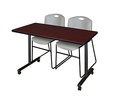 Regency Kobe 42 x 24 Mobile Training Table Mahogany and 2 Zeng Stack Chairs Grey MKTRCC42MH44GY