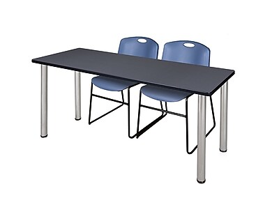 Regency Kee 60 x 24 Training Table Grey Chrome and 2 Zeng Stack Chairs Blue MT60GYBPCM44BE