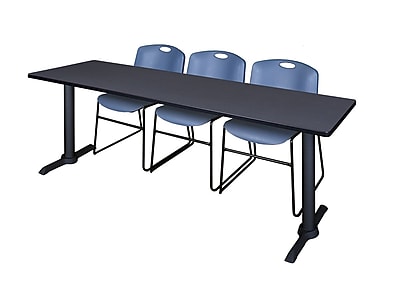 Regency Cain 84 x 24 Training Table Grey and 3 Zeng Stack Chairs Blue MTRCT8424GY44BE