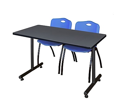 Regency Kobe 42 x 24 Training Table Grey and 2 M Stack Chairs Blue MKTRCT42GY47BE