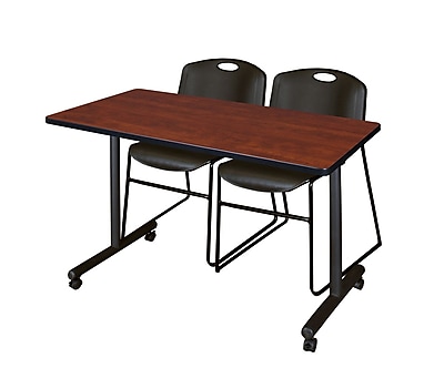 Regency Kobe 42 x 24 Mobile Training Table Cherry and 2 Zeng Stack Chairs Black MKTRCC42CH44BK