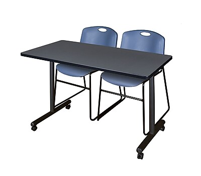 Regency Kobe 42 x 24 Mobile Training Table Grey and 2 Zeng Stack Chairs Blue MKTRCC42GY44BE
