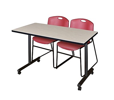 Regency Kobe 42 x 24 Mobile Training Table Maple and 2 Zeng Stack Chairs Burgundy MKTRCC42PL44BY