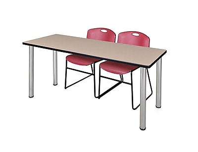 Regency Kee 60 x 24 Training Table Beige Chrome and 2 Zeng Stack Chairs Burgundy MT60BEBPCM44BY