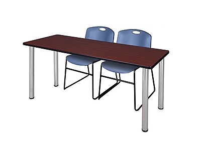 Regency Kee 60 x 24 Training Table Mahogany Chrome and 2 Zeng Stack Chairs Blue MT60MHBPCM44BE
