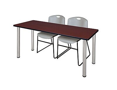 Regency Kee 60 x 24 Training Table Mahogany Chrome and 2 Zeng Stack Chairs Grey MT60MHBPCM44GY