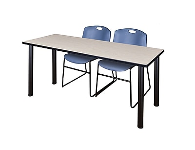 Regency Kee 60 x 24 Training Table Maple Black and 2 Zeng Stack Chairs Blue MT60PLBPBK44BE