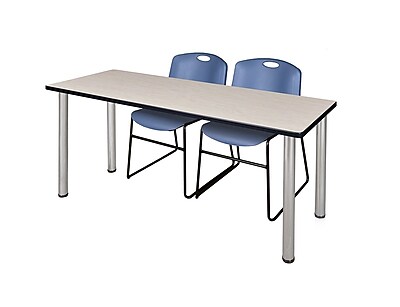Regency Kee 60 x 24 Training Table Maple Chrome and 2 Zeng Stack Chairs Blue MT60PLBPCM44BE