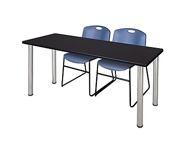 Regency Kee 60 x 24 Training Table Mocha Walnut Chrome and 2 Zeng Stack Chairs Blue MT60MWBPCM44BE
