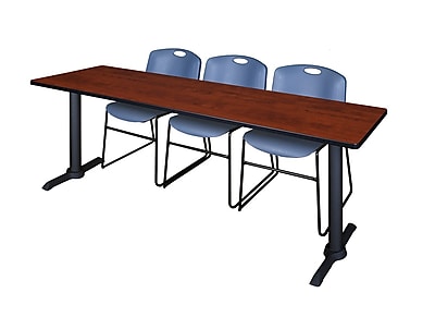 Regency Cain 84 x 24 Training Table Cherry and 3 Zeng Stack Chairs Blue MTRCT8424CH44BE
