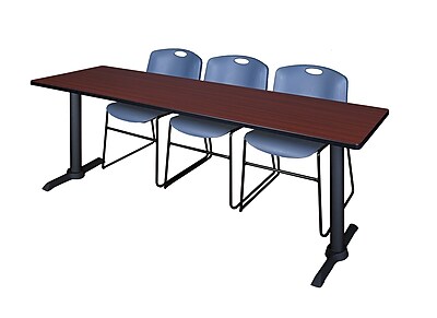 Regency Cain 84 x 24 Training Table Mahogany and 3 Zeng Stack Chairs Blue MTRCT8424MH44BE