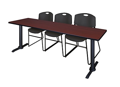 Regency Cain 84 x 24 Training Table Mahogany and 3 Zeng Stack Chairs Black MTRCT8424MH44BK