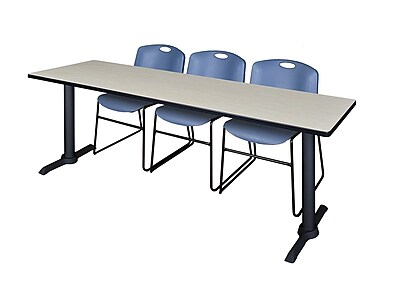 Regency Cain 84 x 24 Training Table Maple and 3 Zeng Stack Chairs Blue MTRCT8424PL44BE