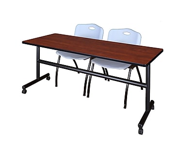 Regency Kobe 72 Flip Top Mobile Training Table Cherry and 2 M Stack Chairs Grey MKFT7224CH47GY