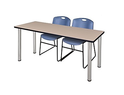 Regency Kee 60 x 24 Training Table Beige Chrome and 2 Zeng Stack Chairs Blue MT60BEBPCM44BE
