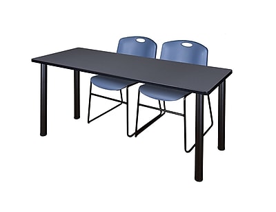 Regency Kee 60 x 24 Training Table Grey Black and 2 Zeng Stack Chairs Blue MT60GYBPBK44BE