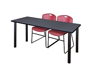 Regency Kee 60 x 24 Training Table Grey Black and 2 Zeng Stack Chairs Burgundy MT60GYBPBK44BY