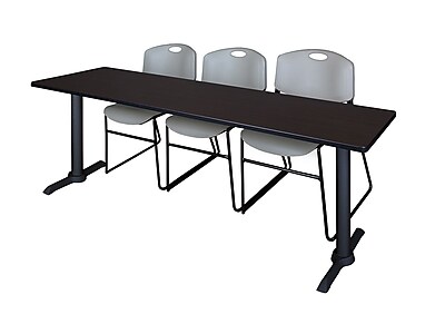 Regency Cain 84 x 24 Training Table Mocha Walnut and 3 Zeng Stack Chairs Grey MTRCT8424MW44GY