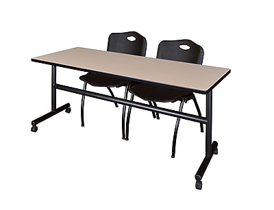 Regency Kobe 72 Flip Top Mobile Training Table Beige and 2 M Stack Chairs Black MKFT7224BE47BK