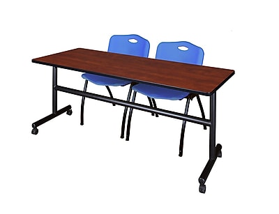 Regency Kobe 72 Flip Top Mobile Training Table Cherry and 2 M Stack Chairs Blue MKFT7224CH47BE