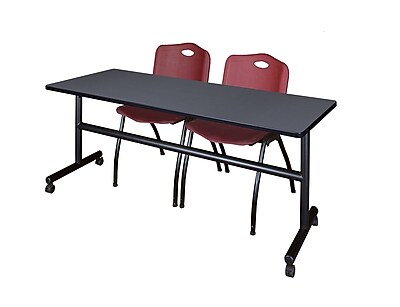 Regency Kobe 72 Flip Top Mobile Training Table Grey and 2 M Stack Chairs Burgundy MKFT7224GY47BY