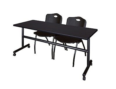 Regency Kobe 72 Flip Top Mobile Training Table Mocha Walnut and 2 M Stack Chairs Black MKFT7224MW47BK