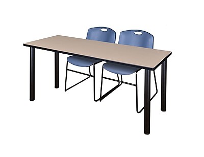 Regency Kee 60 x 24 Training Table Beige Black and 2 Zeng Stack Chairs Blue MT60BEBPBK44BE