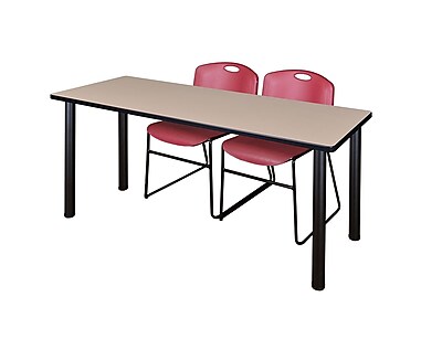 Regency Kee 60 x 24 Training Table Beige Black and 2 Zeng Stack Chairs Burgundy MT60BEBPBK44BY