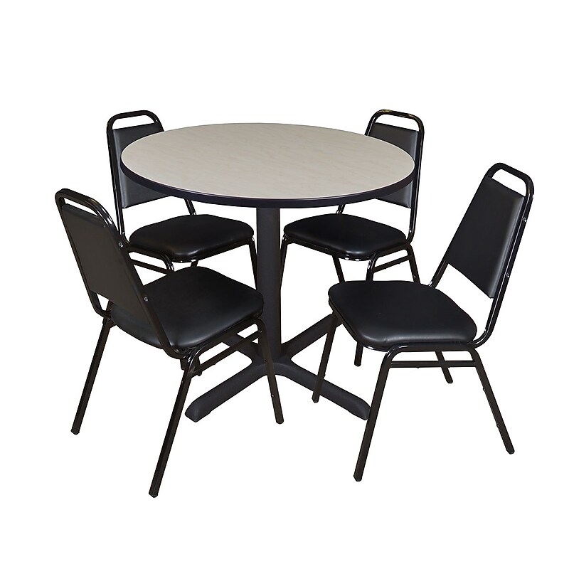 Regency Cain 42" Round Breakroom Table- Maple & 4 Restaurant Stack Chairs- Black