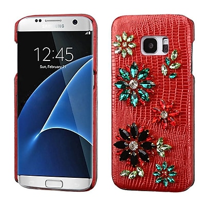 Insten Flowers Leather 3D Fabric Hard Case w/Diamond For Samsung Galaxy S7 Edge - Red