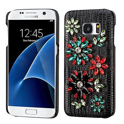 Insten Flowers Leather 3D Fabric Hard Cover Case w/Diamond For Samsung Galaxy S7 - Black