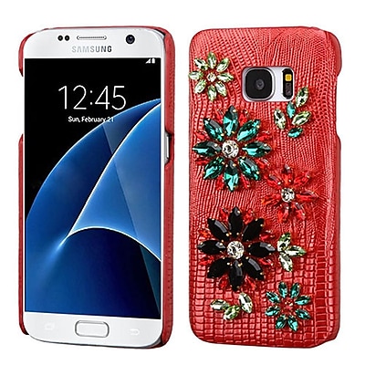 Insten Flowers Leather 3D Fabric Hard Case w/Diamond For Samsung Galaxy S7 - Red