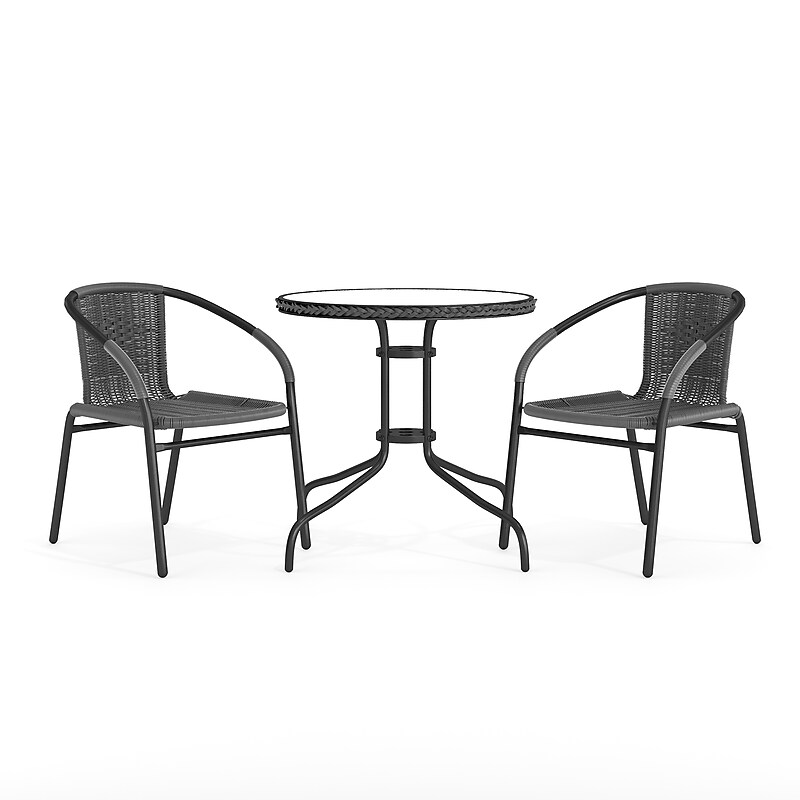 Flash Furniture Lila 28'' Round Table with 2 Rattan Stack Chairs, Gray (TLH087RD037GY2) image 1