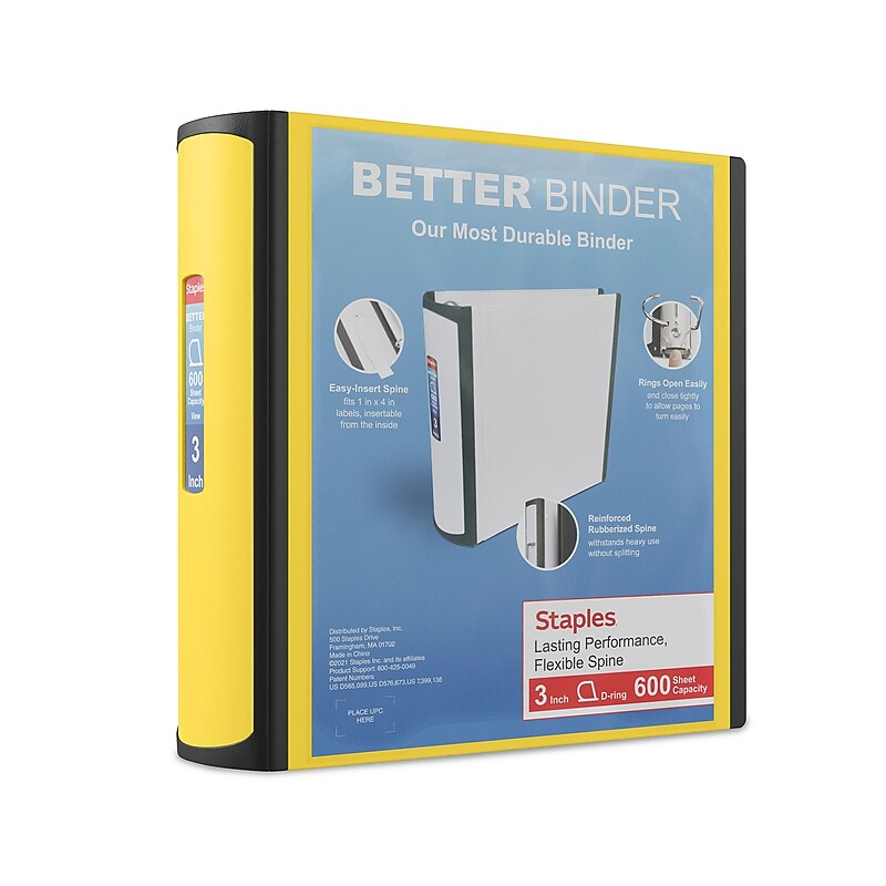 Staples Heavy Duty 3" 3-Ring Better Binder, D-Ring, Yellow (ST55895-CC) image 1