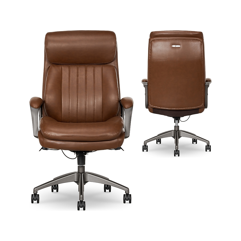 Front and back views of La-Z-Boy Nova ergonomic swivel executive chair in cognac leather