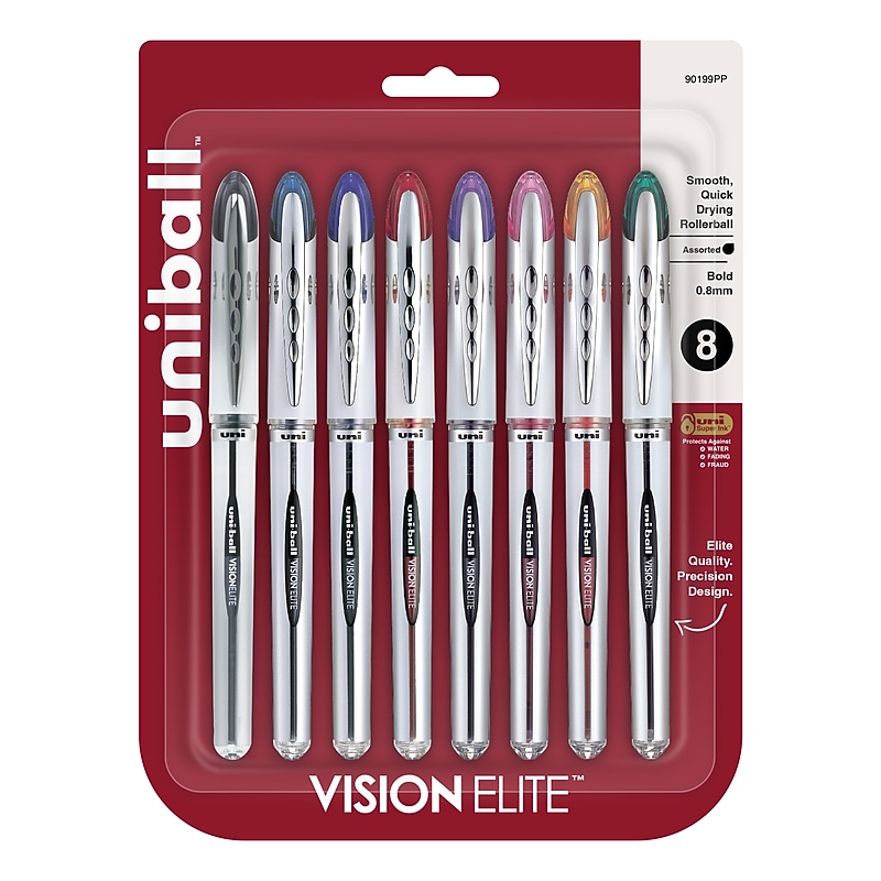 uni-ball Vision Elite Rollerball Pen, Bold Point, 0.8mm, Assorted Ink, 8/Pack (90199PP) image 1