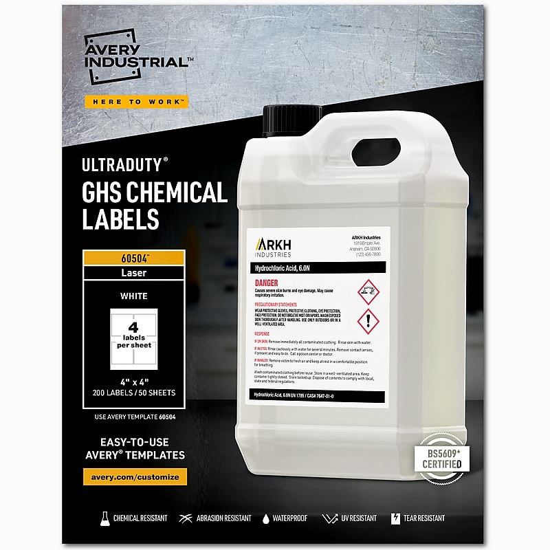 Avery UltraDuty Waterproof Laser GHS Chemical Labels, 4" x 4", White, 200 Labels/Box (60504) image 1