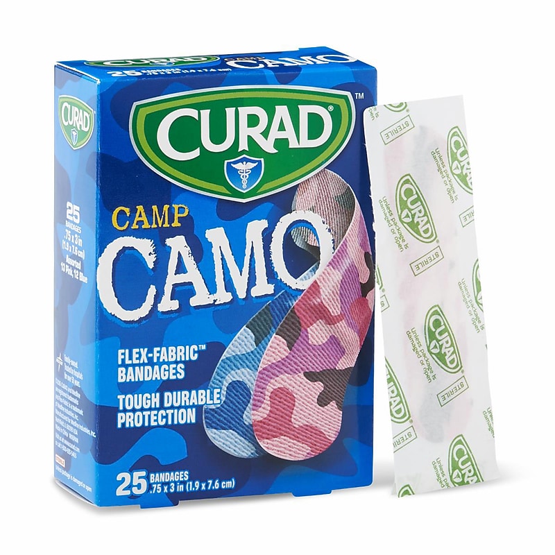 Curad Camp Camo 3/4″ x 3″ Fabric Adhesive Bandages, Assorted Colors, 25 Bandages/Box, 24/Carton (CUR45702RB) image 1