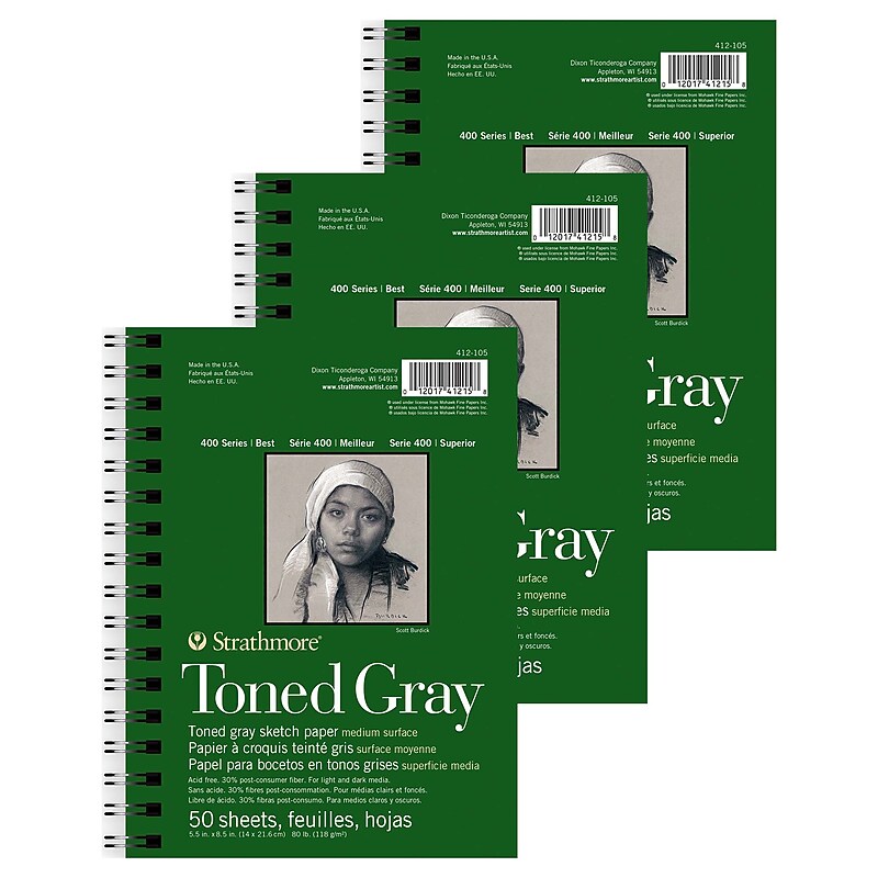 Strathmore 400 Series 5.5" x 8.5" Side-Wire Bound Toned Gray Sketch Paper Pad, 50 Sheets/Pad, 3 Pads/Bundle (STTP412105-3) image 1