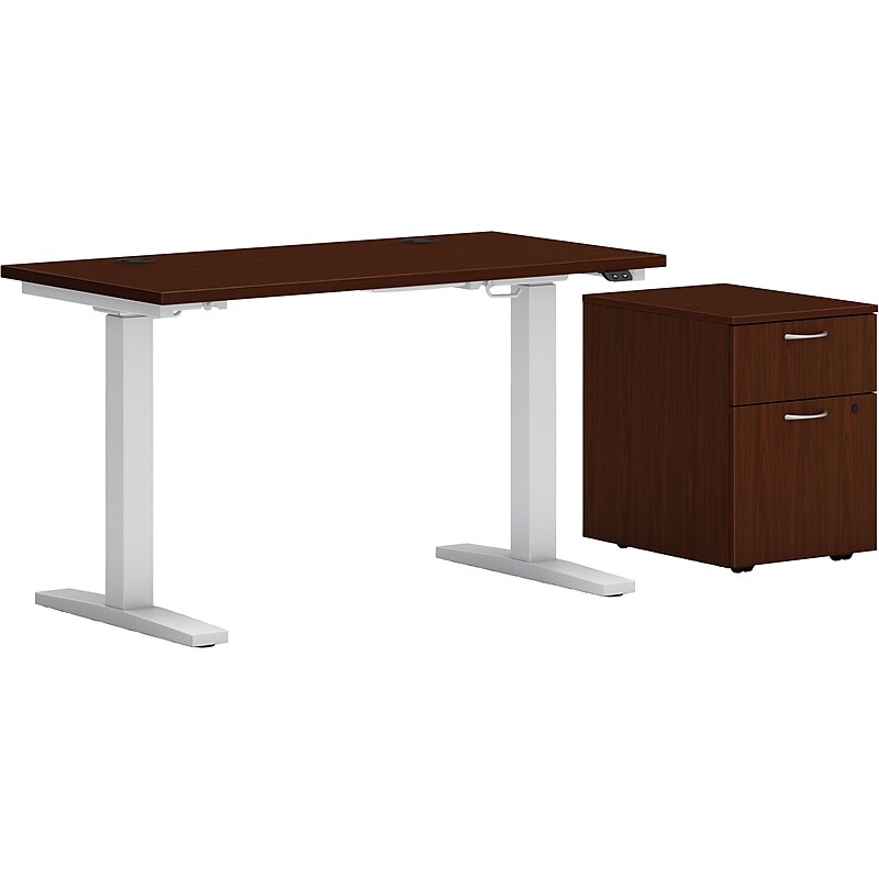 HON Mod 60"W Adjustable Standing Desk with Mobile Storage, Traditional Mahogany (HLPLRW6024CHATBFTM1) image 1