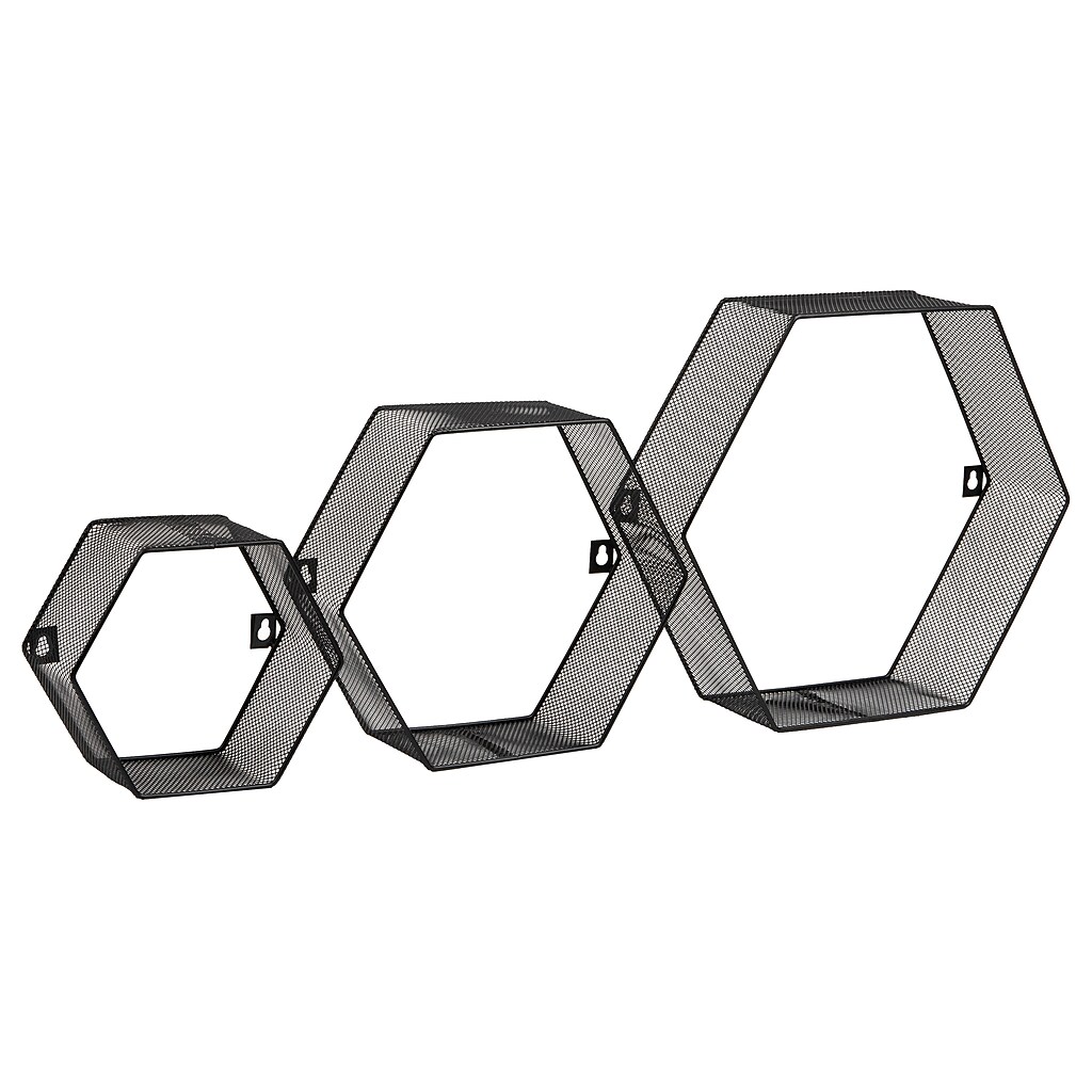 Set of three hexagonal black metal mesh shelves in varying sizes