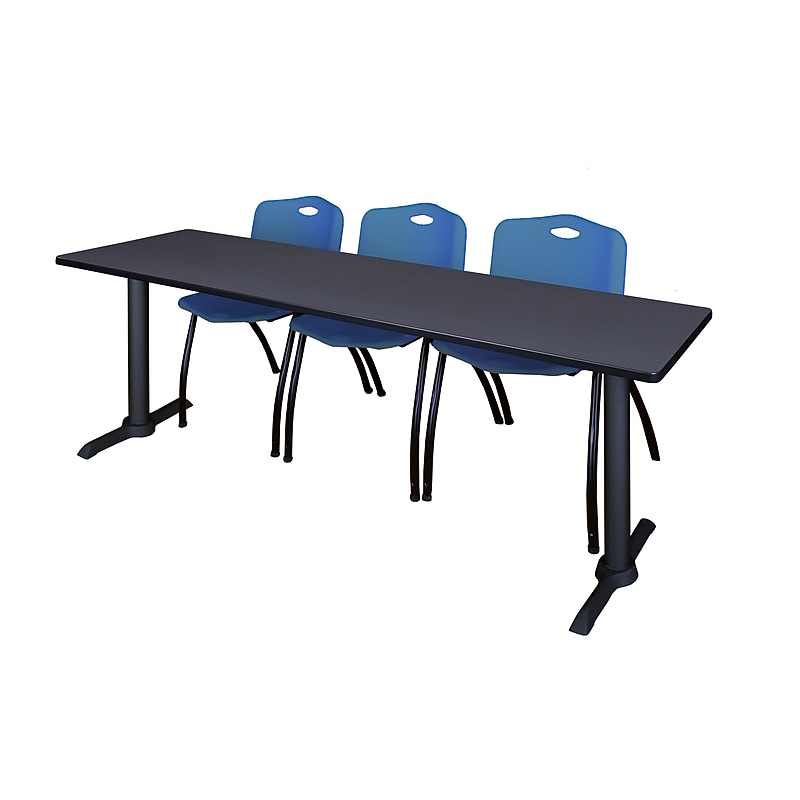 Regency Cain 84" x 24" Training Table- Grey & 3 'M' Stack Chairs- Blue image 1