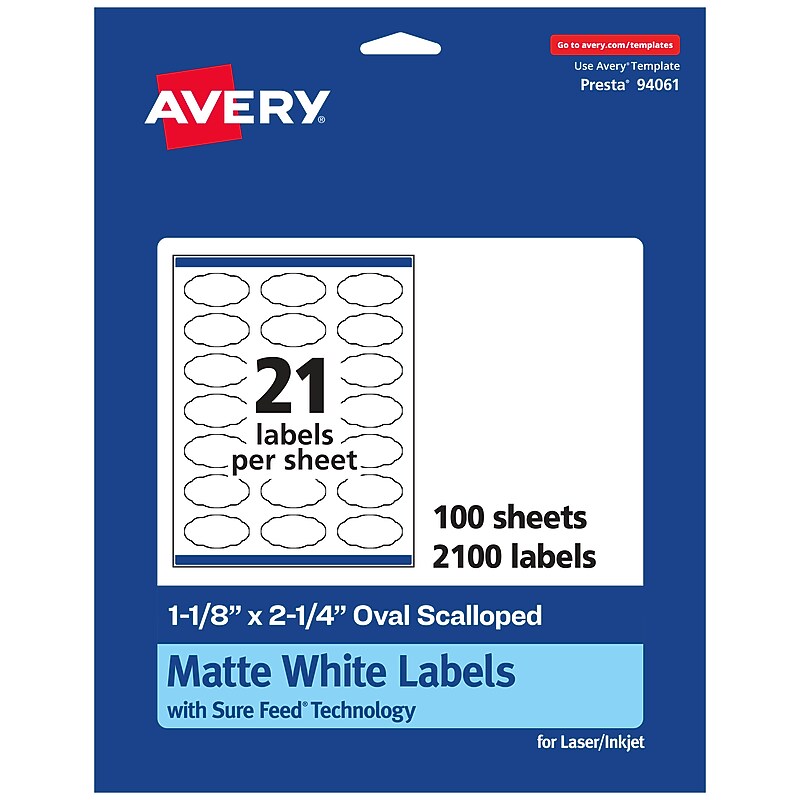 Avery Laser/Inkjet Multipurpose Labels, 2.25"  x 1.125", Matte White, 2100/Box (94061) image 1