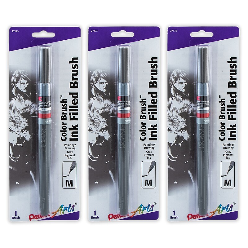 Pentel Arts Color Brush with Pigment Ink, Medium Tip, Gray, 3/Pack (PTAGFPBP137-3) image 1