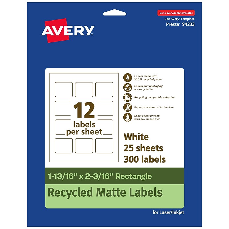 Avery EcoFriendly Laser/Inkjet Rectangle Multipurpose Labels, 1-13/16" x 2-3/16", White, 300/Pack (94233) image 1