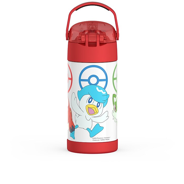 POKÉMON Thermosfles, voor kinderen, met rietje, 460 ml, BPA-vrij, kleuterschool, basisschool, roestvrij staal, temperatuurbehoud tot 24 uur