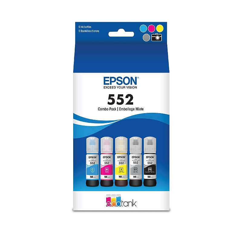 Epson T552 Cyan/Yellow/Magenta/Photo Black/Gray High Yield Ink Cartridge, 5/Pack (T552920-S) image 1