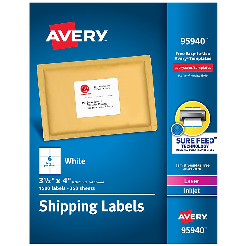 Avery Sure Feed Laser/Inkjet Shipping Labels, 3-1/3" x 4", White, 1,500 Labels/Box (95940) image 1